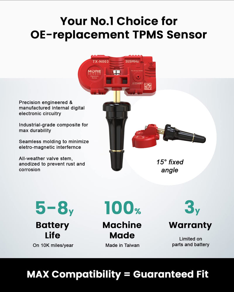 MORESENSOR Signature Series 315MHz TPMS Tire Pressure Sensor 4-Pack | Preprogrammed for Select 500+ American Brand Models | Replacement for 20925924 20922900 15268606 | Snap-in | NX-S024-SN-4