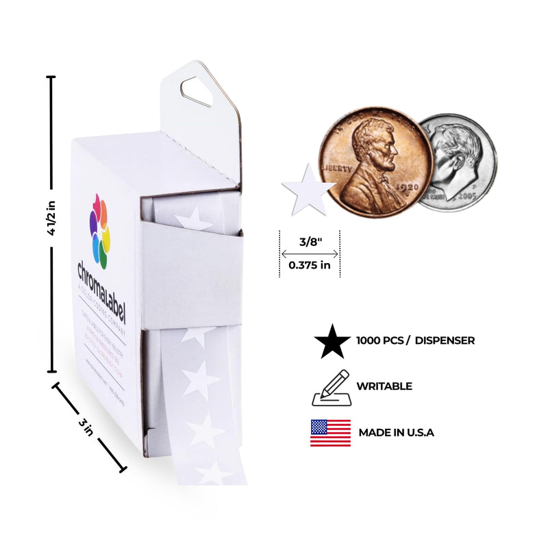 ChromaLabel 3/8 Inch Star Stickers, School Reward Sticker, White Star Stickers Small - 1000 Star Sticker Labels per Dispenser Box, White 3/8"