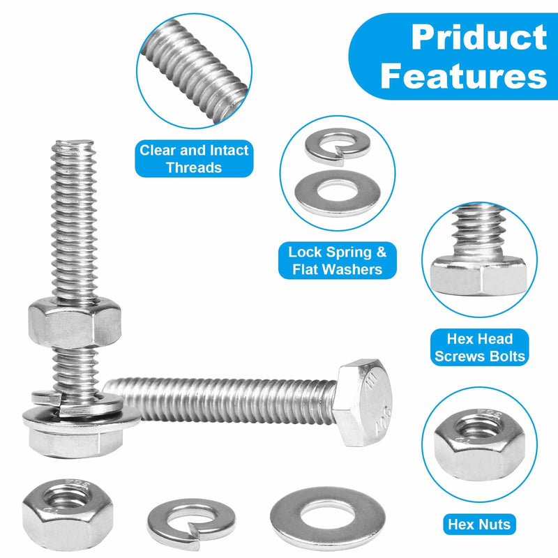 [Australia - AusPower] - Yinpecly 20 Sets 1/4-20 x 1-1/2" Hex Head Screw Bolt, Nuts, Flat & Lock Washers, Stainless Steel 304, Machine Fully Thread Hex Bolts, Bright Finish Hexagon Bolt, Nuts and Bolts Assortment Kit 1/4-20 x 1-1/2" 