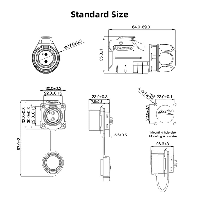CNLINKO LP-20 Industrial Waterproof Connector IP68 Round Connector Quick Release Aviation Connector Anti-Interference Shell Aviation Connector M20 2-12 Pin Flange Socket (2 Pin) 2 Pin Black/4 Hole Female