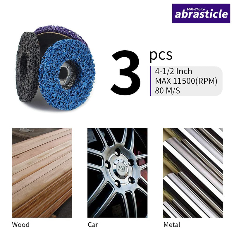 3 Pcs 4 Inch Poly Strip Wheel Disc Rust Remover Wheel, 5/8" Angel Grinders Clean Tool, Strip Discs for Angle Grinder Remove Rust Paint Clean Welds Paint Grinding Wheel Black/Blue/Purple 4 in(3 pack)