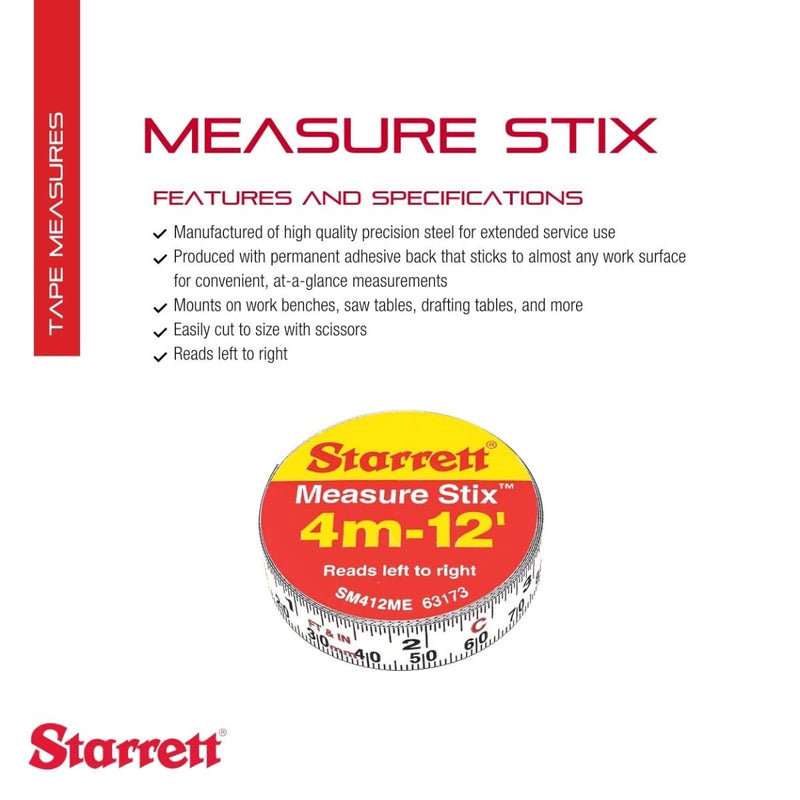[Australia - AusPower] - Starrett Tape Measure Stix with Adhesive Backing - Mount to Work Bench, Saw Table, Drafting Table - 1/2" x 12', English Metric, Left-Right Reading - SM412ME (Pack of 2) 3.7 m (Pack of 2) 