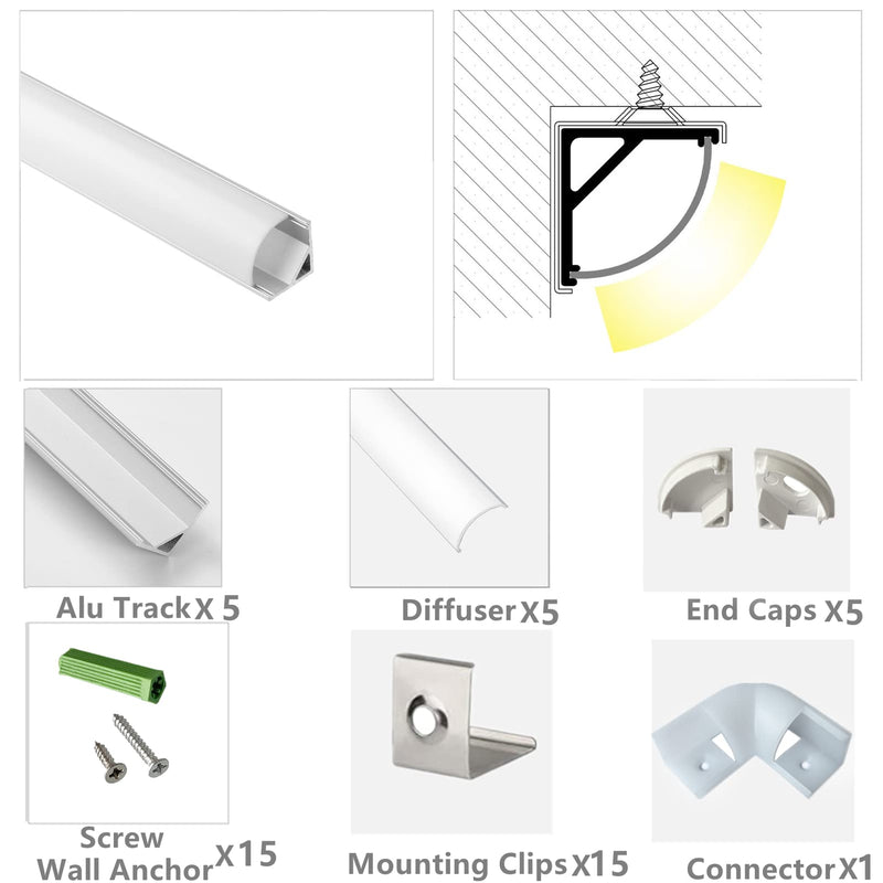 THMOOTHER 5-Pack 3.3FT 1Meter V Shape LED Strip Aluminum Channel Diffuser System, Extruded Alu Track Milky Cover with Corner Connector and Mounting Kit,Easy Cut and Installed Curved Lens Profile