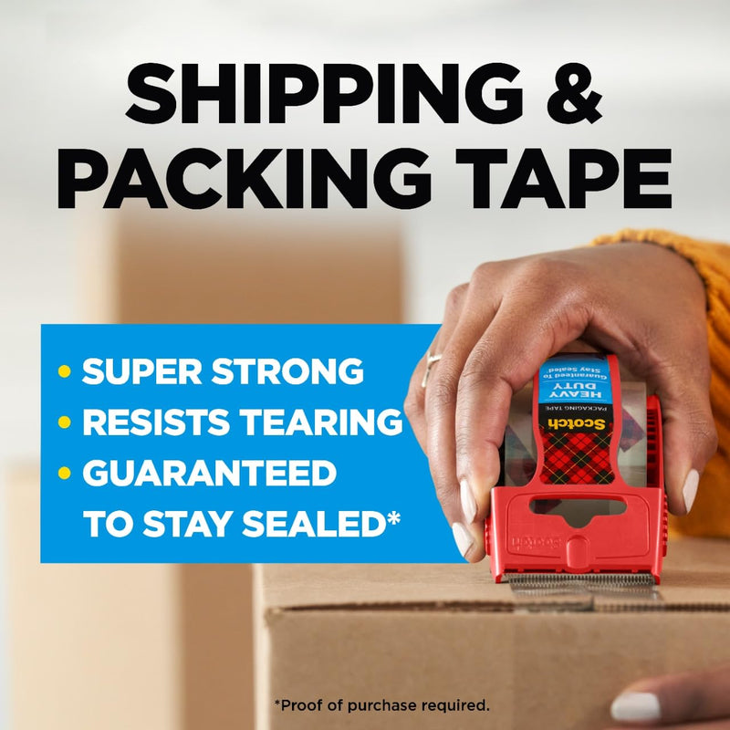 Scotch Heavy Duty Shipping Packing Tape, Clear, Packing Tape for Moving Boxes and Packaging Supplies, 1.88 in. x 22.2 yd., 6 Roll Dispensers, Moving Supplies Standard