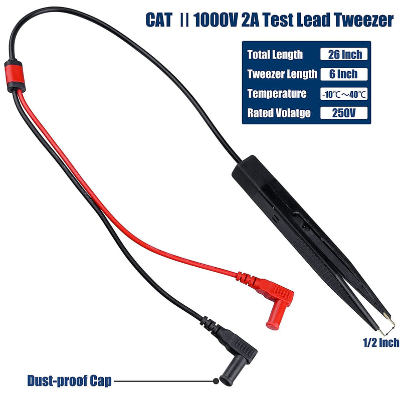 [Australia - AusPower] - Yakamoz Test Leads Tweezer Multimeter Probe Lead Set 2Pcs SMD Component Testing Tweezers Clips with 1 Pair 1000V 20A Test Leads Probes for Multi Meter LCR IC Chip Capacitor Resistor Testing 