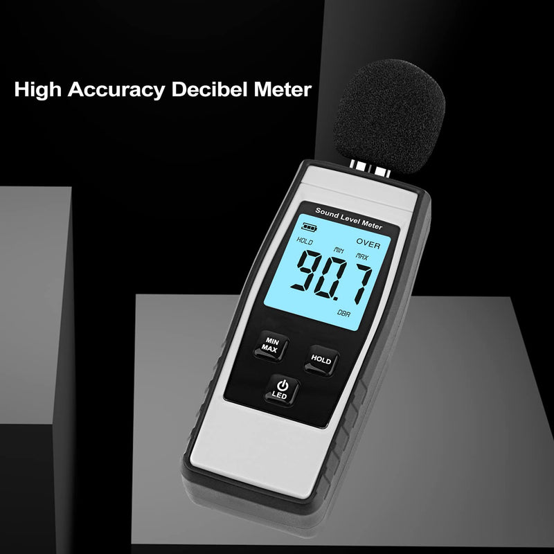 [Australia - AusPower] - Decibel Meter, Portable SPL Meter (Sound Pressure Level Meter), Digital Noise Meter, Range 30-130 dB(A) db Meter, Noise Volume Sound Monitoring Tester (Battery Included) Gray 