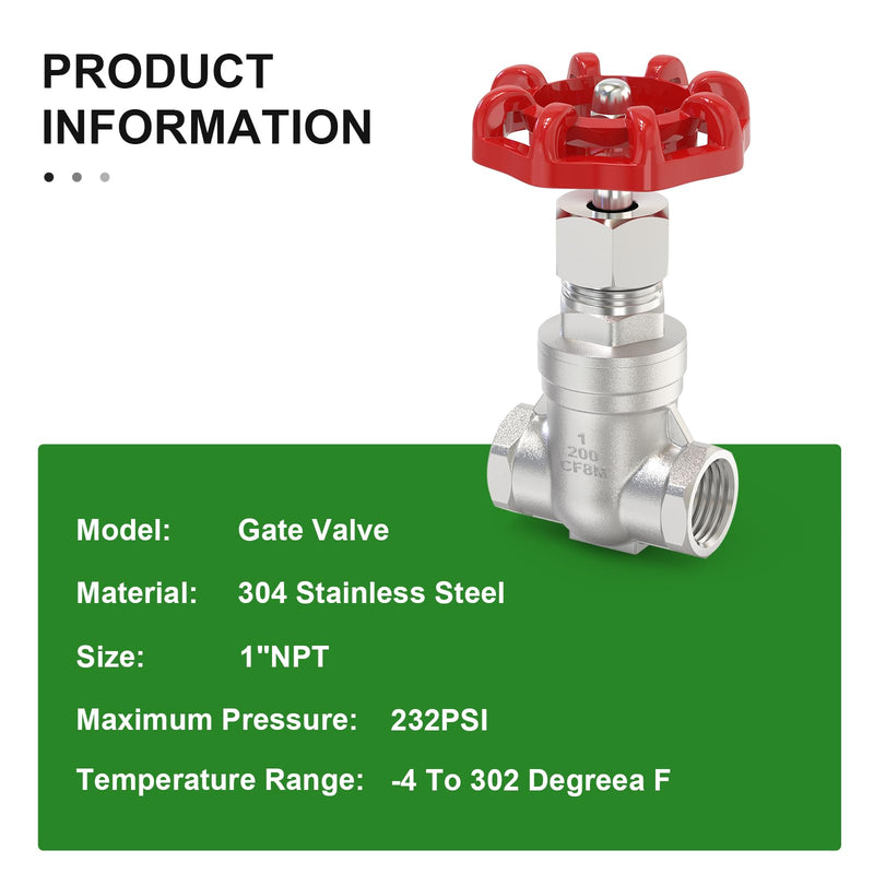 [Australia - AusPower] - TAISHER 1PCS 304 Stainless Steel Gate Valve, 1" NPT Female Rotary Sluice Valve With Wheel Handle, For Water, Oil, Gas 