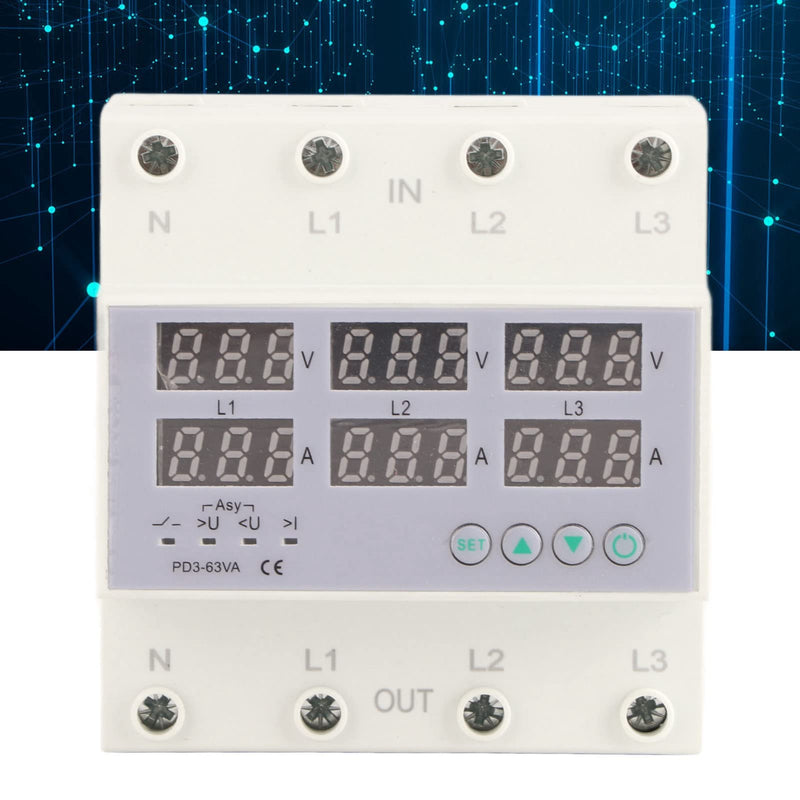 3 Phase DIN Rail Voltmeter Voltage and Current Protector Digital Display 3 Phase Voltage Monitoring Sequence Relay AC 390‑500V (63A) 63A