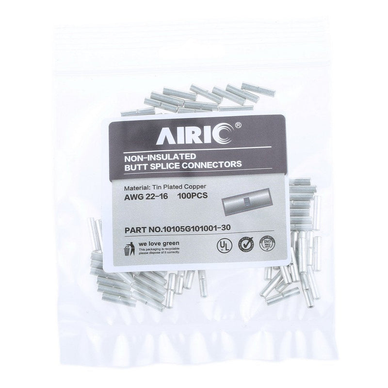 AIRIC Non Insulated Butt Connectors 22-16 Gauge 100pcs Electrical Wire Seamless Crimping Terminals Uninsulated Wiring Crimps Bare Copper Splice Connector 16-22 AWG 100