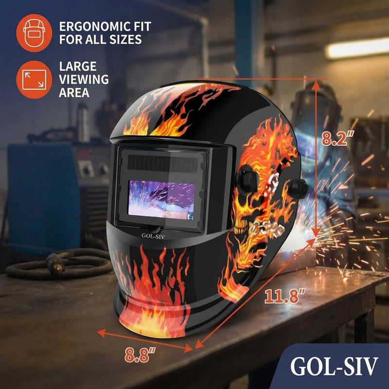 Welding Helmet Auto Darkening - True Color Wide View Welding Shield - 0.1ms Response Time- Optical Grade 1/1/1/1 - Adjustable Wide Shade for SMAW, MIG, TIG, GTAW-Lightweight for Extended Wear VH107 Flame[basic Version]
