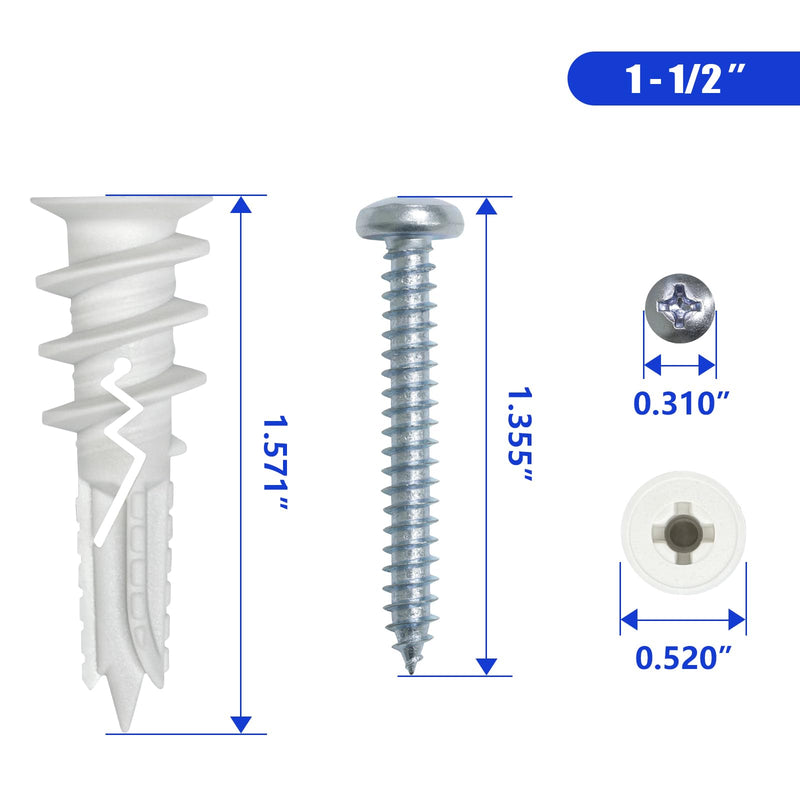 [Australia - AusPower] - #8 x 1-1/2" Self Drilling Plastic Drywall Anchors Screws (50 Anchors+50 Screws), No Pre Drill Hole Required, Hold Up to 75 Lbs Nylon-50pcs 