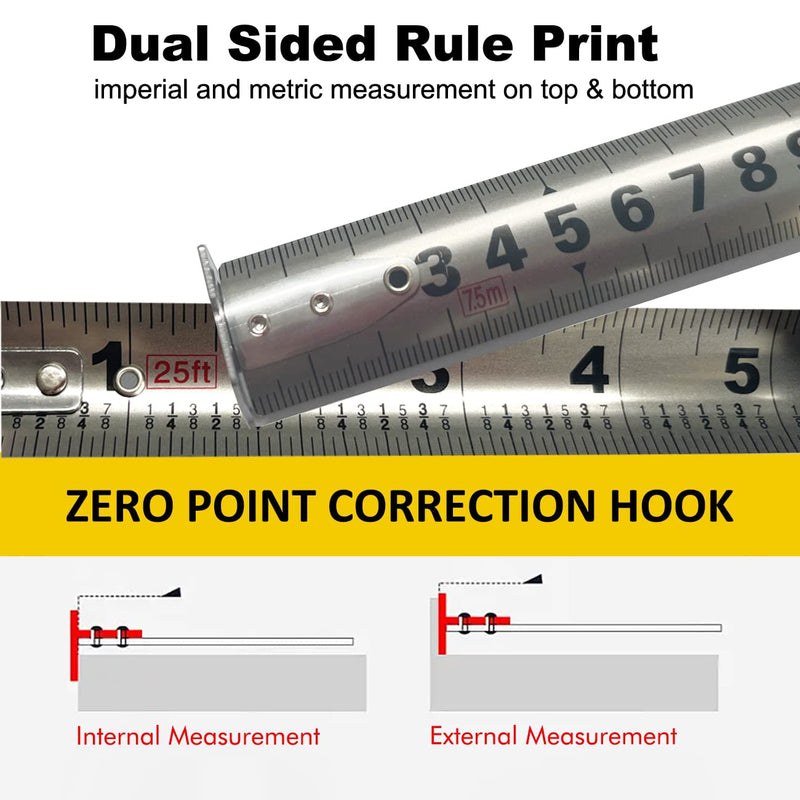 Tape Measure 25 ft Measuring Tape with Durable Hollow Design,Easy-to-Clean Construction,Retractable Mechanism,Stainless Steel Tape colorlable