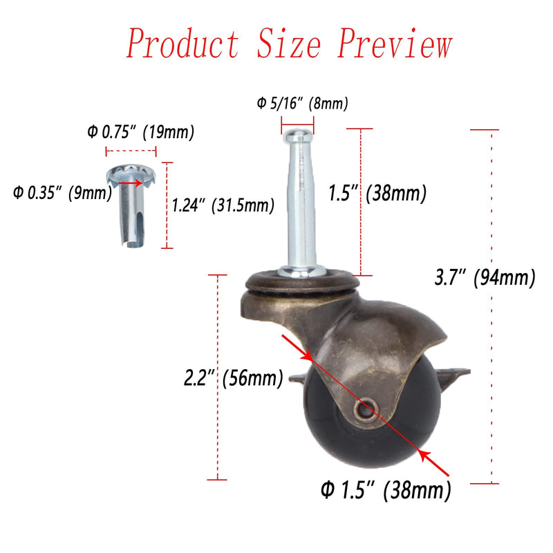 [Australia - AusPower] - 1.5" Ball Casters Stem Caster Wheels with 5/16" x 1-1/2" (8 x 38mm) Stem Antique Gold Ball Caster Swivel Caster for Furniture Casters Sofa Chair Cabinet Set of 4 (with Brakes) with Brake 