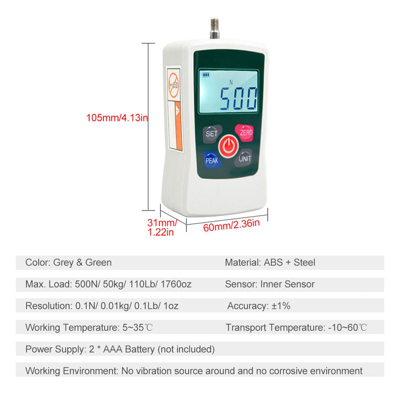 [Australia - AusPower] - 500N Digital Force Gauge, Portable Handheld Push Pull Gauge with Backlit Screen, 3 Measuring Modes 