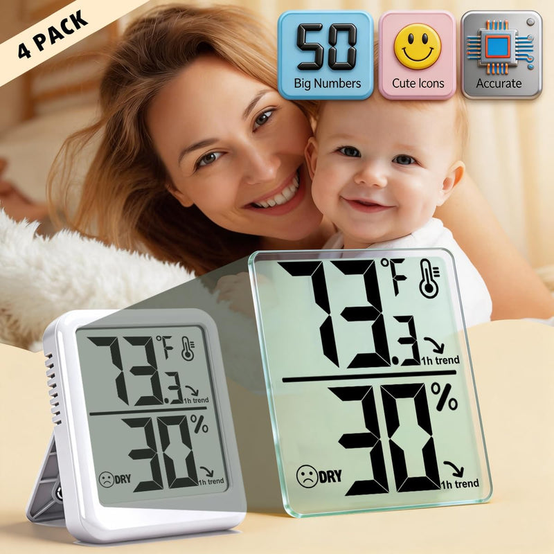 [Australia - AusPower] - 4-Pack Room Thermometer Indoor Hygrometer, Small Digital Temperature and Humidity Monitor Sensor, Temperature Humidity Gauge Meter for Home Baby Room, Plants, Pets - AAA Battery Included White - Upgraded Version 