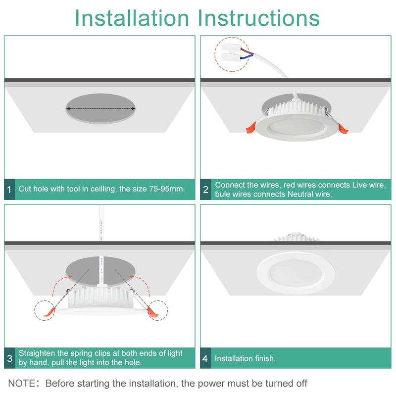 [Australia - AusPower] - LED Recessed Spotlights 230 V 6 W Ultra Flat IP44 Set of 6 Cool White 6000 K Installation Depth 26 mm 600 Lumen Diameter 105 mm Installation Hole Dimensions 75-95 mm for Bathroom Living Room Kitchen Cold White 