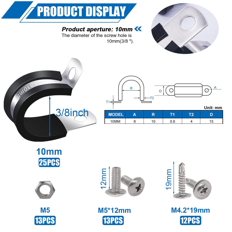 [Australia - AusPower] - Twidec/50PCS 3/8 Inch Cable Clamp 304 Stainless Steel Rubber Coated Cushion Pipe Clamps,Metal Clamp,With Metal Rubber Clips For Automotive Wire Tube Pipe Clamps N-056-3/8 