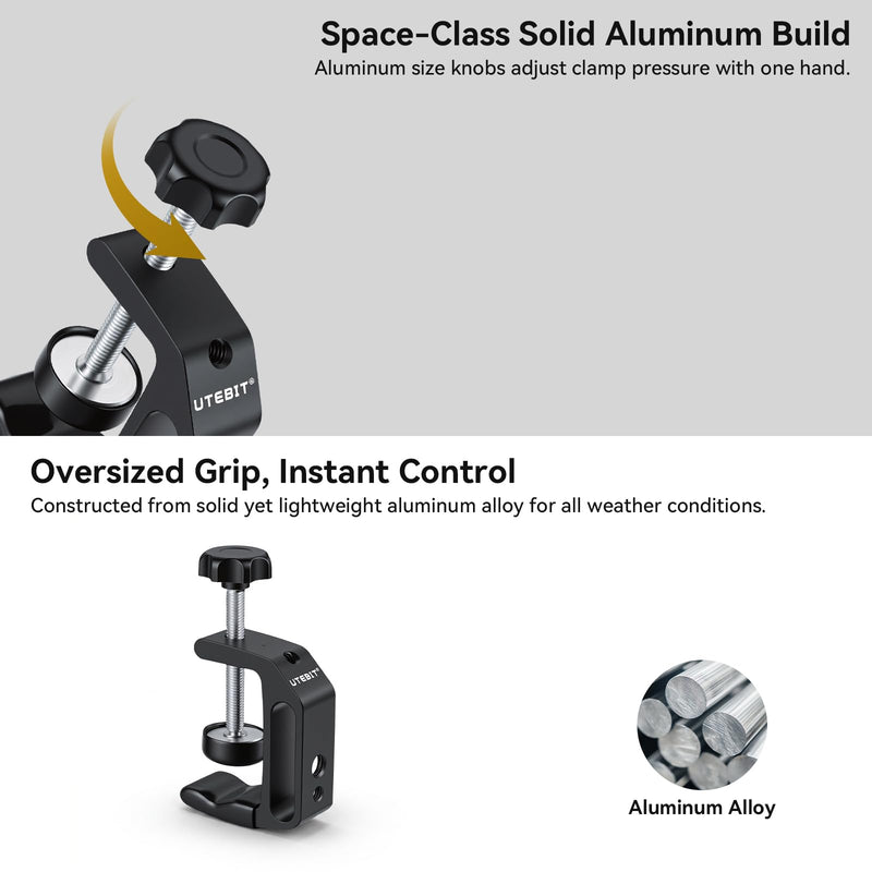 UTEBIT Universal C-Table Clamp with 1/4" and 3/8" Thread, Aluminum Support Clamp Desktop Mount Holder for Range 0.36"-2", Versatile Desk Clamp for LCD Monitor Flash Carts Benches Worktables 0.36-2.0 inch 2