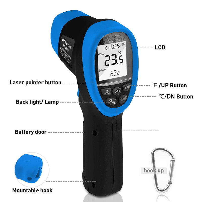 BTMETER BT-985B Laser Temp Gun Pyrometer, -58~2480℉(-50~1360℃) High Temperature Meter, 16:1 Distance Spot Ratio Industrial Infrared Thermometer Tester for Furnace, Smelting (NOT for Human Temp) BT-985B(-58 ℉ to 2480 ℉)