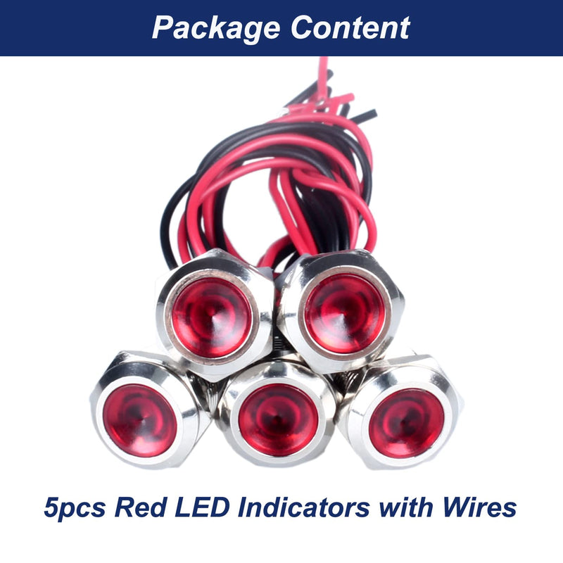 [Australia - AusPower] - 5 Pcs 12mm 110V-220VAC Metal LED Indicator Light Mounting Hole 1/2" 20mA Energy Saving Signal lamp Waterproof IP67 with Wire for machine tools household appliances etc.(12mm Red) 