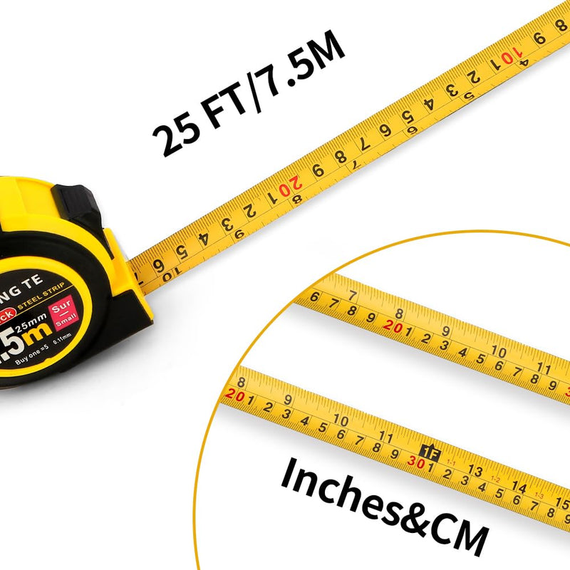 6 Pack Tape Measures(25 FT) Easy to Read Digital Retractable Steel Measuring Tapes 25 FT Heavy Duty Meter Tape Measure with Fractions Home Carpenter Craftsman Lineman Measure Tools Cinta Metrica 6 pack-25ft