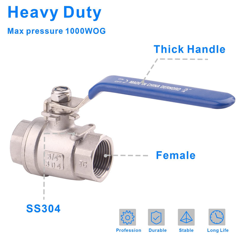 DERNORD Full Port Ball Valve Stainless Steel 304 Heavy Duty for Water, Oil, and Gas with Blue Locking Handles (3/4" NPT) 3/4" NPT