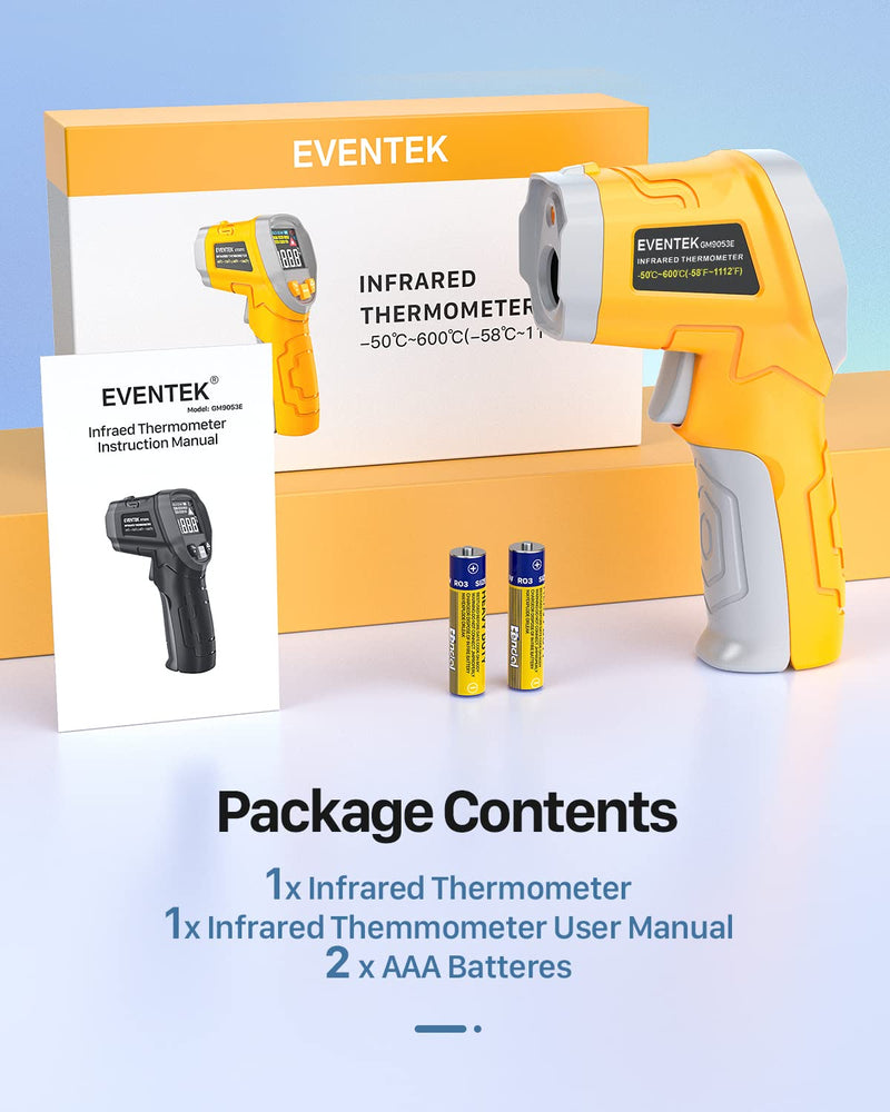[Australia - AusPower] - EVENTEK Infrared Thermometer, Temperature Meter -50°C ~ 600°C (-58°F~1112°F) with Adjustable Emissivity, Laser Thermometer, Non-Human for Cooking/Barbecue/Freezer/Industry Yellowish-Grey 