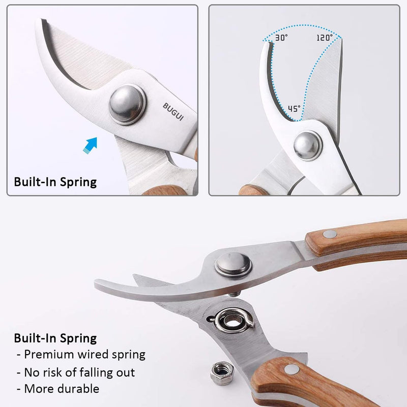 BUGUI 8” Wood Handle Garden Scissors, Set of 2, Includes Bypass Pruning Shears and Long Straight Tip Clippers, Premium Gardening Tools with Precision-Ground SK-5 Steel Blade 8"WoodHandleShearsSet(E023)