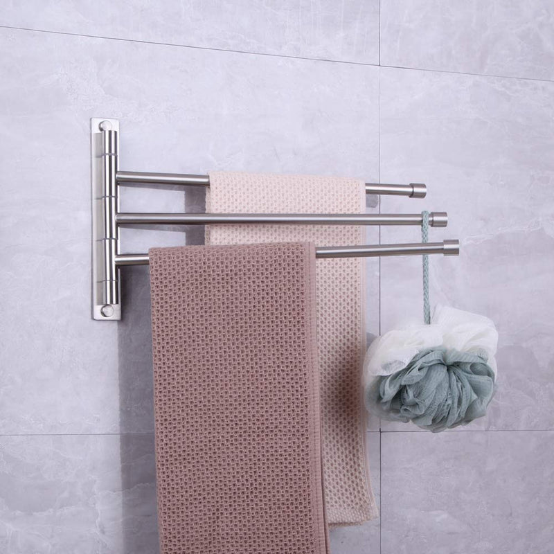 Swing Out Towel Bar Stainless Steel 3-Bar Folding Arm Swivel Hanger Bathroom Storage Organizer Rustproof Wall Mount Brushed Finish