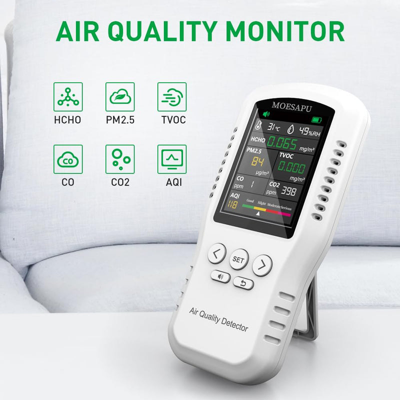 [Australia - AusPower] - 8-in-1 Indoor Air Quality Monitor, Formaldehyde Detector, Temperature & Humidity Meter, Sensor, Tester Detect PM2.5, CO, CO2, HCHO,TVOC,AQI Micron Dust, Home Air Test Kits 