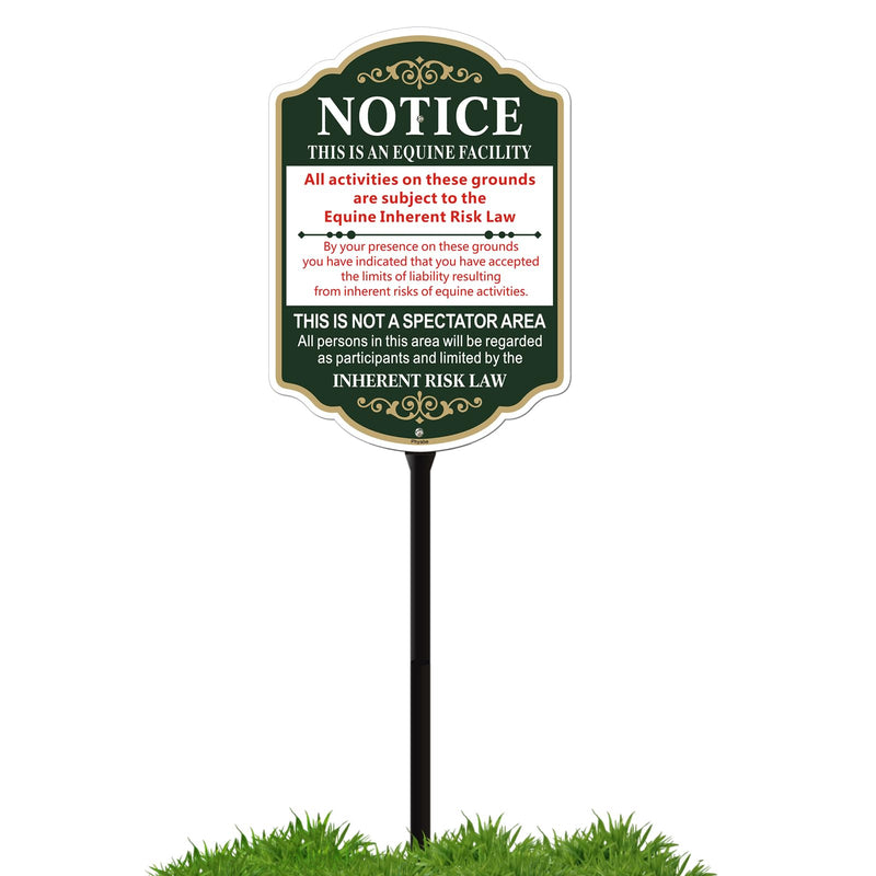 Equine Liability Sign with Stake, Horse Barn Stable Farm Statute, Aluminum Metal Sign With 35" Total Length Durble Stake, Heavy Duty Weather Resistance