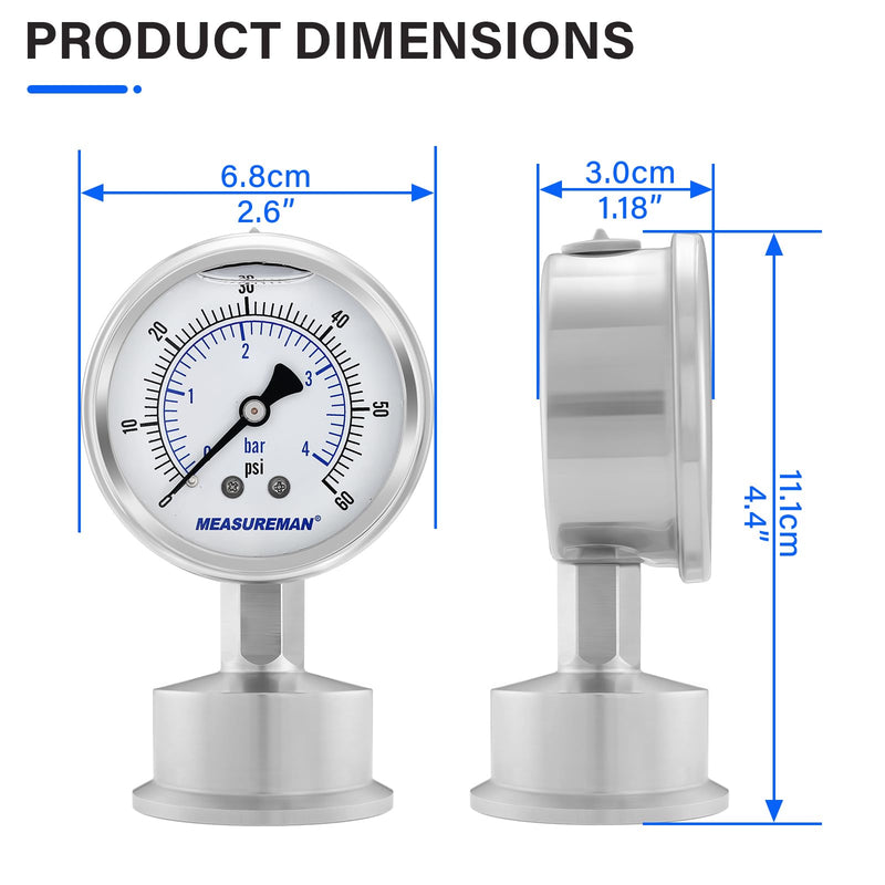 [Australia - AusPower] - MEASUREMAN Stainless Steel Sanitary Pressure Gauge, 2.5” Dial, 0-60 PSI, Glycerin-Filled for Accuracy, 1.5” Tri Clamp Bottom Mount for Food, Dairy, and Pharmaceutical Applications 0-60 psi/bar 
