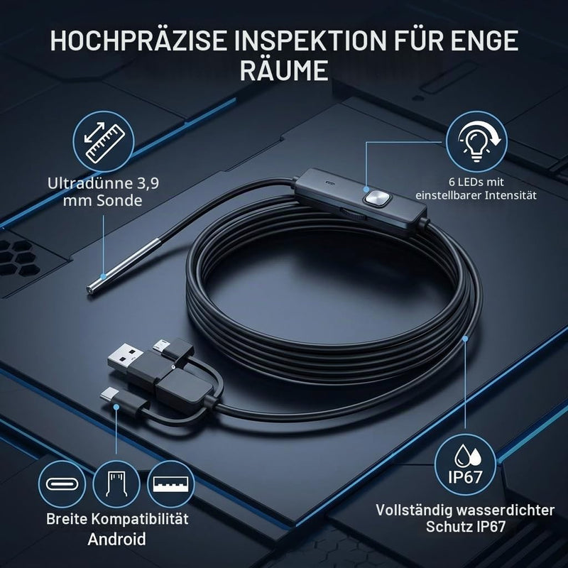 USB Endoscope Camera 1280x720 HD 3.9mm Lens 6 LED Tube Inspection Compatible with Smartphones 1 Meter Soft Wire