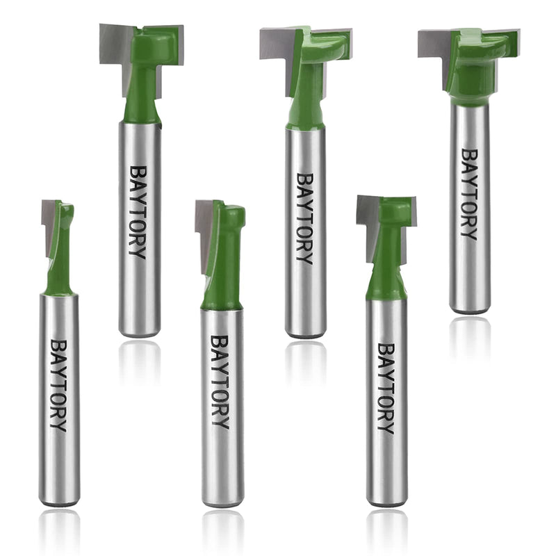 BAYTORY 6Pcs Keyhole Router Bits Set, 1/4" Shank Router Keyhole Bit Set -1/4 & 5/16 & 3/8 & 9/16 & 1/2 & 5/8 inch Blade Diameter for Wood Hex Bolt T-Track Slotting Milling Cutters Set (Green) 1/4 & 5/16 & 3/8 & 9/16 & 1/2 & 5/8 inch