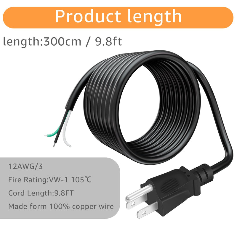 9.8ft 12 Gauge 3 Prong Heavy Duty Replacement Power Supply Cord Cable 110V 115V 120V Pigtail, for Power Tools, Appliances, 12 AWG 3 Conductor Wire Cable Black Black 9.8 feet