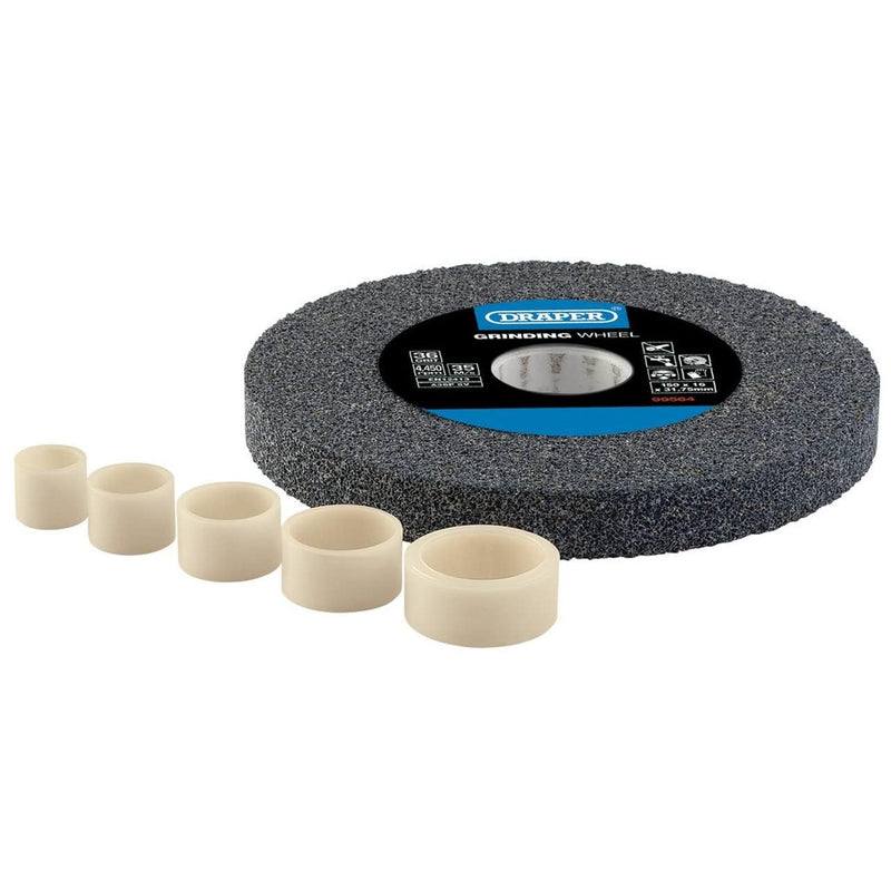 Draper Tools Expert 150 x 16mm Aluminum Oxide Bench Grinding Wheel | 36 grit, 31.75 mm bore, includes 5 reducing rings, for steel and non-ferrous metals