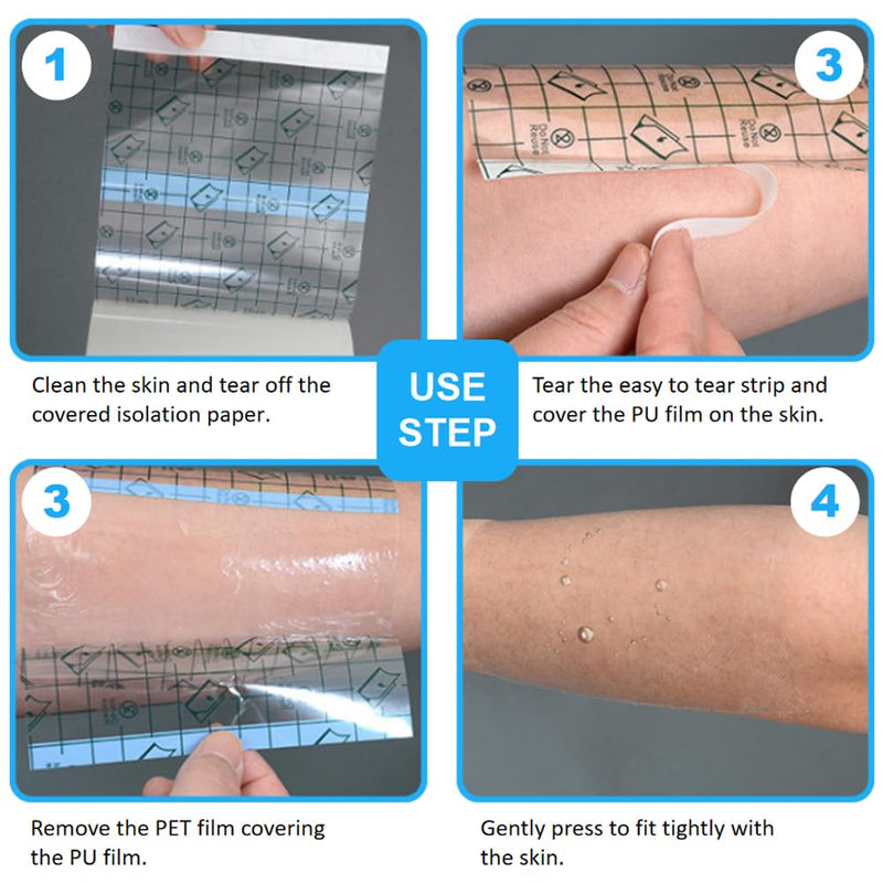 OBTANIM 50 Sheet Transparent Waterproof Stretch Adhesive Bandage Clear Film Dressing Bandages Tape Cover for Tattoo Shower Swimming Protector (8 x 8 Inch) 8 x 8 Inch, 50 PCS