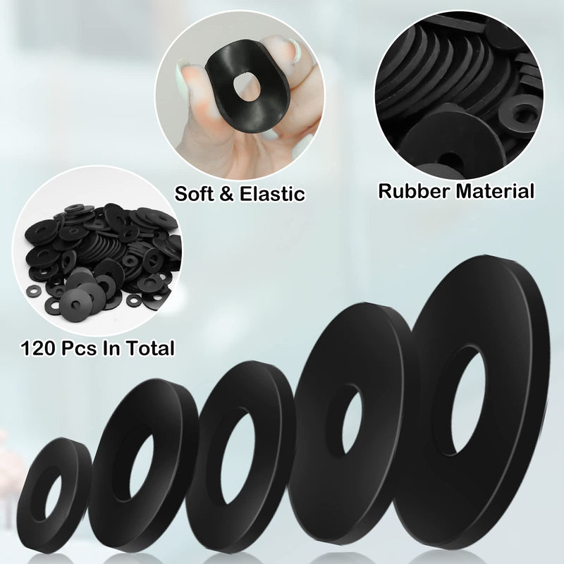 [Australia - AusPower] - 120Pcs Rubber Washer Kit, 12/18/20/25/30mm Rubber Flat Washer Heavy Duty Rubber Washers for Bolts, Rubber Grommets Bolts for Screws Household Plumbing Appliances Faucets Glass Shower Door Black 