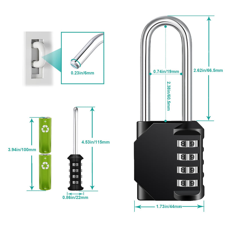 [Australia - AusPower] - ZHEGE Long Shackle Padlock, 4 Digit Combination Lock, Resettable Weatherproof Combo Lock for School, Gym Employee Locker, Outdoor, Fence (Black) 1P, Black 