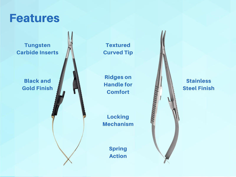 [Australia - AusPower] - Bundle of Castroviejo Scissors 5.5" Curved Locking Needle Holder Extra Sharp Spring Action & Castroviejo 5.5" Curved Black and Gold Handle w/Tungsten Carbide Inserts by Artman Instruments 