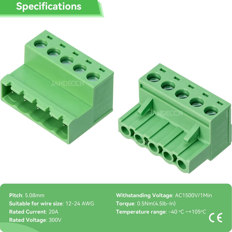 [Australia - AusPower] - 10Pcs 5 Pin 5.08mm Pitch DIY PCB Mount Screw Terminal Block Connector with 10Pcs 5 Pin Phoenix Plug 5P 