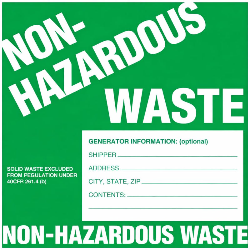 Non-Hazardous Waste Labels, 6 x 6 inches, Green/White, Self-Adhesive Vinyl, Pack of 25