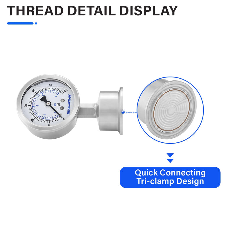 [Australia - AusPower] - MEASUREMAN Stainless Steel Sanitary Pressure Gauge, 2.5” Dial, 0-60 PSI, Glycerin-Filled for Accuracy, 1.5” Tri Clamp Bottom Mount for Food, Dairy, and Pharmaceutical Applications 0-60 psi/bar 