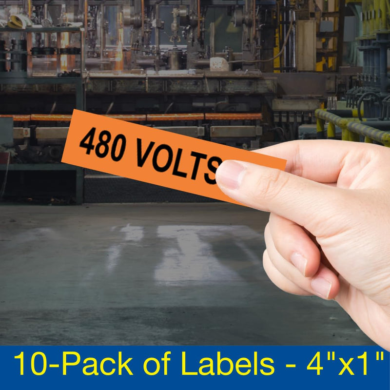 ComplianceSigns.com 480 Volts Ac Label Decal, 4x1 in. 10-Pack Vinyl for Electrical Pipe Markers, Made in USA