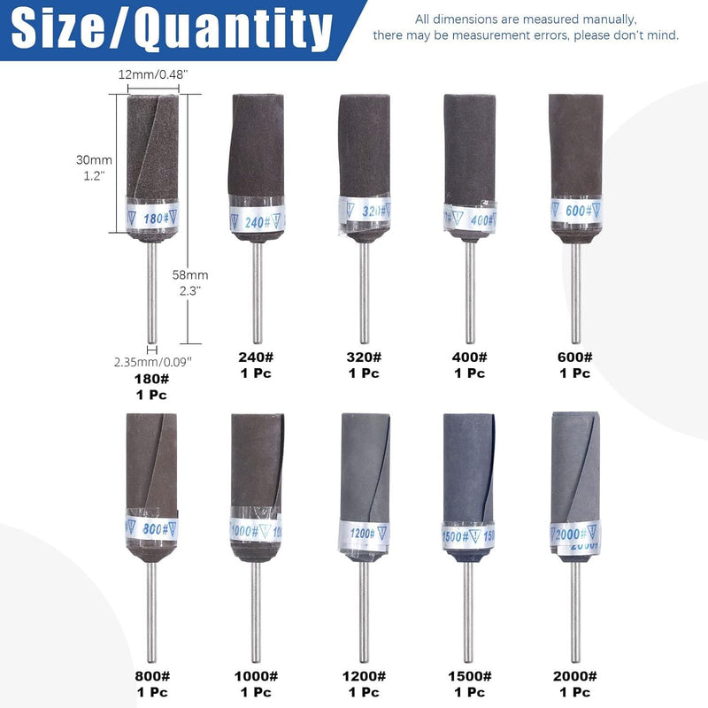 [Australia - AusPower] - Glarks 10Pcs Sanding Drums Sleeves Polishing Rolls, Abrasive Grinding Head Sandpaper Bar Sticks, 180/240/320/400/600/800/1000/1200/1500/2000 Grit Cylinder Polishing Grinding Mounted Sanding Points 
