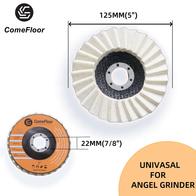 [Australia - AusPower] - 5" Wool Felt Flap Disc for Angle Grinder - Polishing Wheel for Stainless Steel, Aluminum, Metal, Marble, Stone, Furniture, Car Wax (125mm, 20mm Thick, 5-Pack) 5in 5.0 