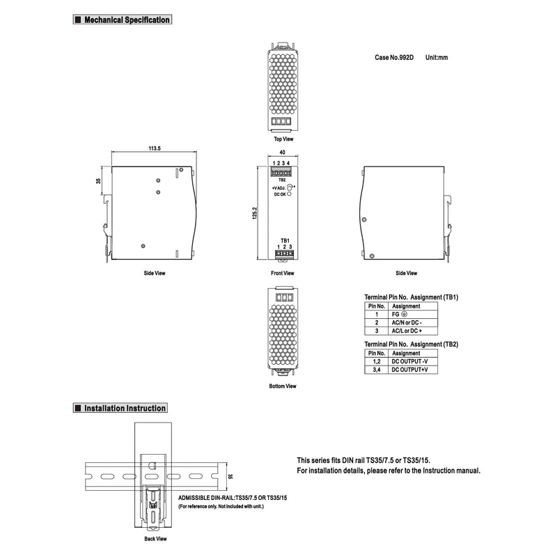 MeanWell NDR-120-24 120W 24V 5A DIN Rail Power Supply DIN-RAIL