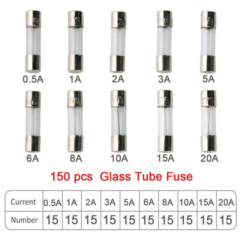[Australia - AusPower] - QitinDasen 150 pieces professional 5 x 20 mm car glass tube fuses, quick blow glass fuses, fast blow glass fuses (0.5A, 1A, 2A, 3A, 5A, 6A, 8A, 10A, 15A, 20A) 