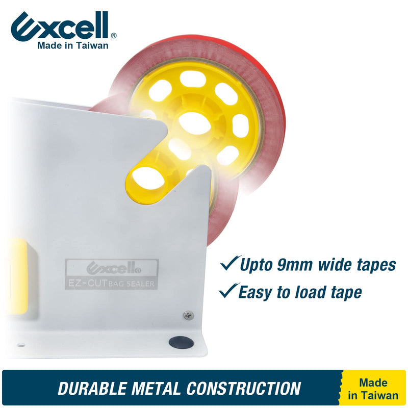 Excell ET-609K Metal Tape Bag Sealer with Trimmer Blade: Fits 9 mm Tape, Ideal for Sealing Candy, Bread, and Meat. Easy to Cut and Trim Bags. Durable, Table-mountable. Includes Sealer and Tape roll.