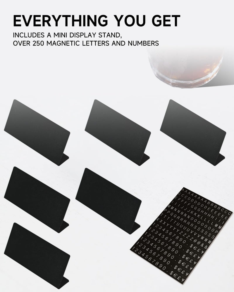 Mini Magnetic Letter Display Signs – Chalkboard-Style Reusable Food Price Labels | 12 Metal Boards + 900 Magnetic Characters for Bakery, Café, Dessert Shop, Deli & Catering Use Black 3.15 x 1.46 Inches 12 Metal Sign + 4 Letter Sheet (3.15 x1.46")